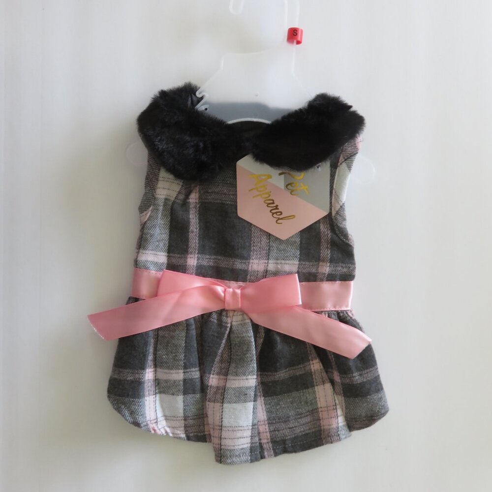 (#116)  Pet Apparel Pink & Gray Plaid Faux Fur dog dress